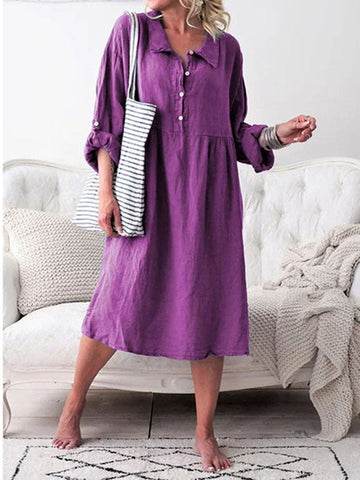 Woochic mi-longue blouse robe boutonnage col revers manches longues casual femme ample Violet S